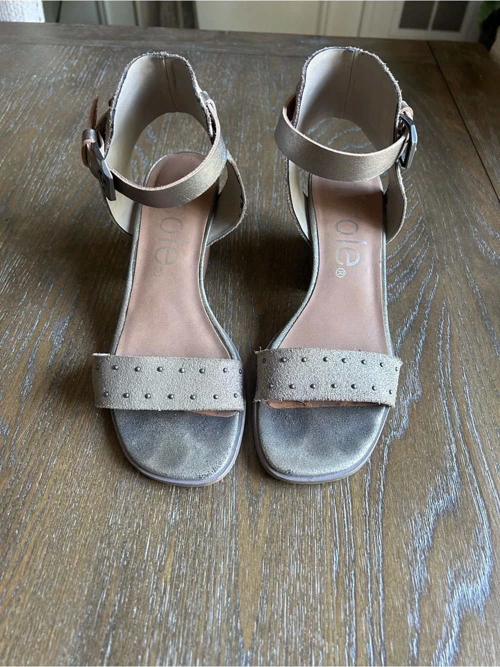 Nicole Metallic Studded Ankle-Strap Block Heel Sandal